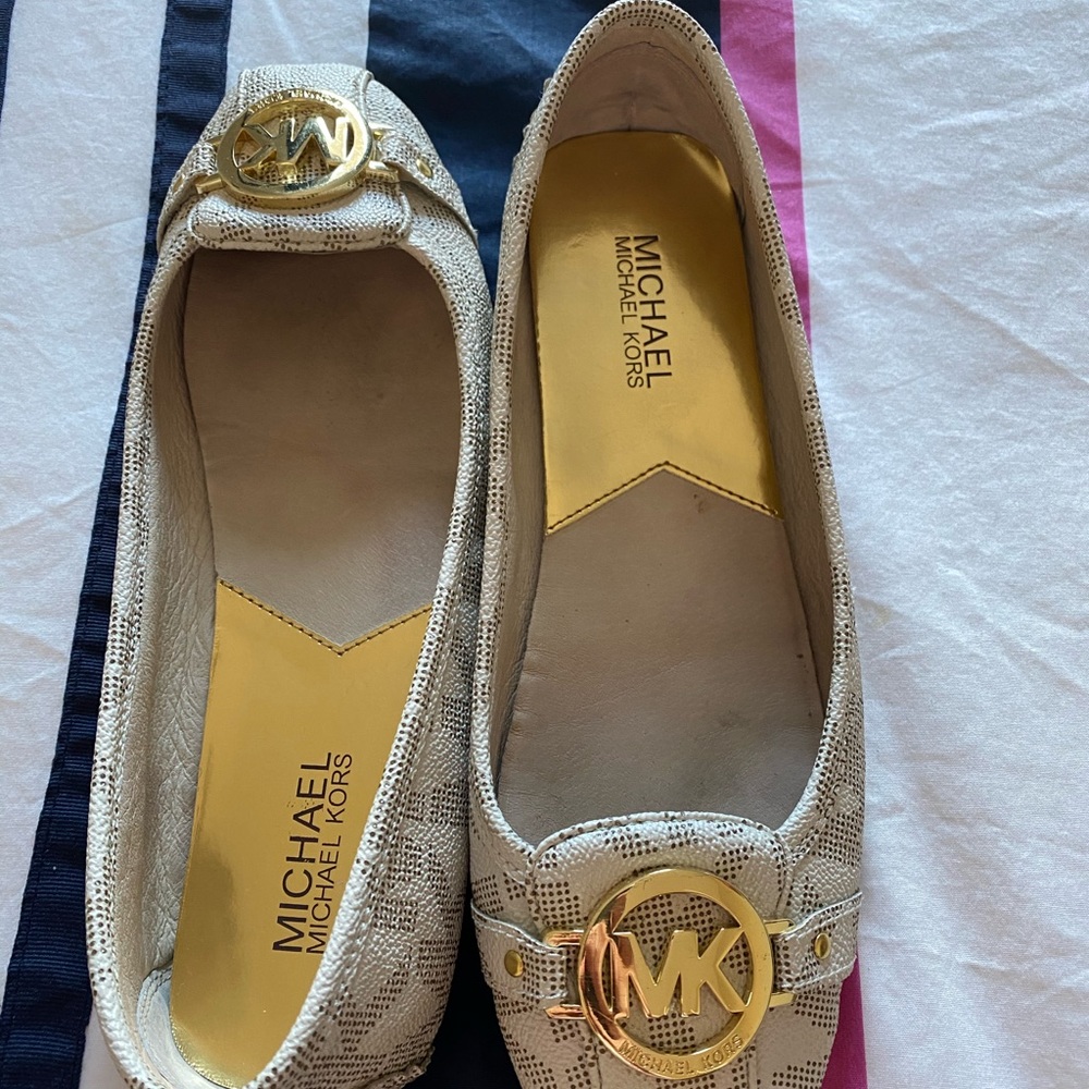 Michael Kors White and Gold “MK” Ballet Flats